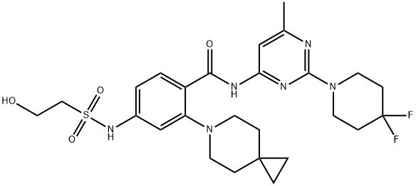 Benzamide, 2-(6-azaspiro[2.5]oct-6-yl)-N-[2-(4,4-difluoro-1-piperidinyl)-6-methyl-4-pyrimidinyl]-4-[[(2-hydroxyethyl)sulfonyl]amino]- Struktur