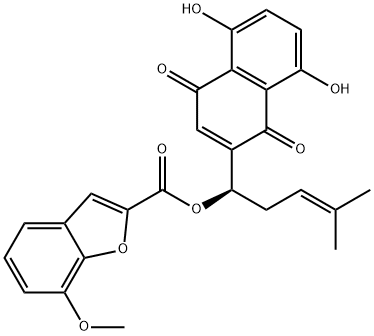 2-Benzofurancarboxylic acid, 7-methoxy-, (1R)-1-(1,4-dihydro-5,8-dihydroxy-1,4-dioxo-2-naphthalenyl)-4-methyl-3-penten-1-yl ester Struktur