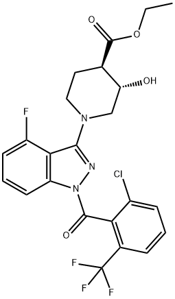 Ethyl (3S,4R)-1-[1-[2-chloro-6-(trifluoromethyl)benzoyl]-4-fluoro-1H-indazol-3-yl]-3-hydroxy-4-piperidinecarboxylate Struktur