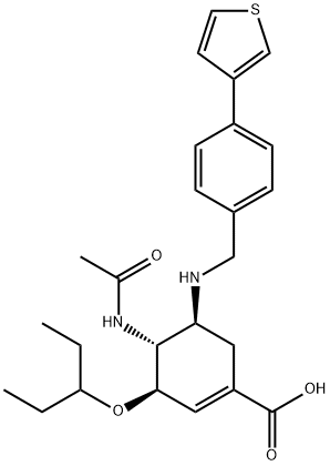 1-Cyclohexene-1-carboxylic acid, 4-(acetylamino)-3-(1-ethylpropoxy)-5-[[[4-(3-thienyl)phenyl]methyl]amino]-, (3R,4R,5S)- Structure