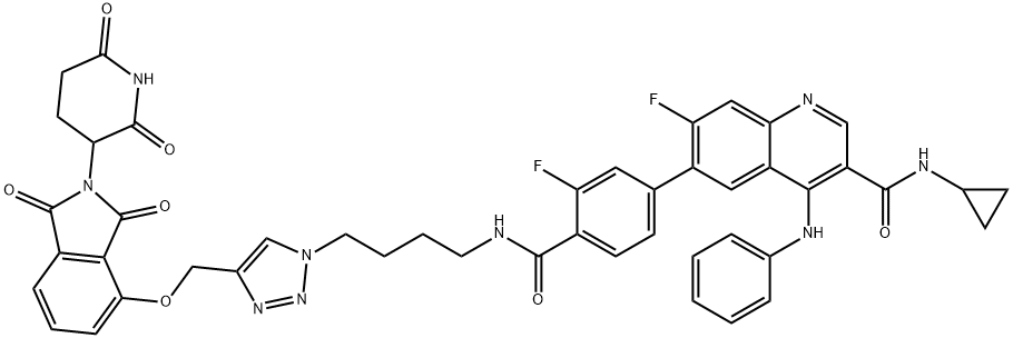 3-Quinolinecarboxamide, N-cyclopropyl-6-[4-[[[4-[4-[[[2-(2,6-dioxo-3-piperidinyl)-2,3-dihydro-1,3-dioxo-1H-isoindol-4-yl]oxy]methyl]-1H-1,2,3-triazol-1-yl]butyl]amino]carbonyl]-3-fluorophenyl]-7-fluoro-4-(phenylamino)- Struktur