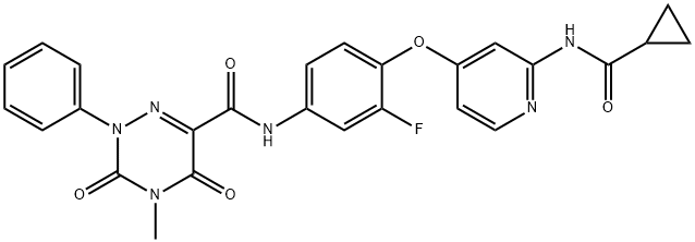 1,2,4-Triazine-6-carboxamide, N-[4-[[2-[(cyclopropylcarbonyl)amino]-4-pyridinyl]oxy]-3-fluorophenyl]-2,3,4,5-tetrahydro-4-methyl-3,5-dioxo-2-phenyl- Struktur