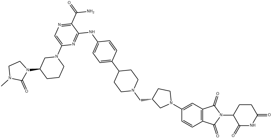 2-Pyrazinecarboxamide, 3-[[4-[1-[[(3S)-1-[2-(2,6-dioxo-3-piperidinyl)-2,3-dihydro-1,3-dioxo-1H-isoindol-5-yl]-3-pyrrolidinyl]methyl]-4-piperidinyl]phenyl]amino]-5-[(3R)-3-(3-methyl-2-oxo-1-imidazolidinyl)-1-piperidinyl]- Struktur