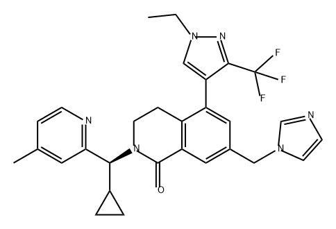 1(2H)-Isoquinolinone, 2-[(S)-cyclopropyl(4-methyl-2-pyridinyl)methyl]-5-[1-ethyl-3-(trifluoromethyl)-1H-pyrazol-4-yl]-3,4-dihydro-7-(1H-imidazol-1-ylmethyl)- Struktur