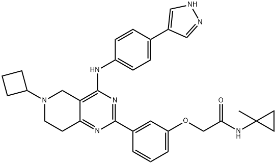 Acetamide, 2-[3-[6-cyclobutyl-5,6,7,8-tetrahydro-4-[[4-(1H-pyrazol-4-yl)phenyl]amino]pyrido[4,3-d]pyrimidin-2-yl]phenoxy]-N-(1-methylcyclopropyl)- Struktur