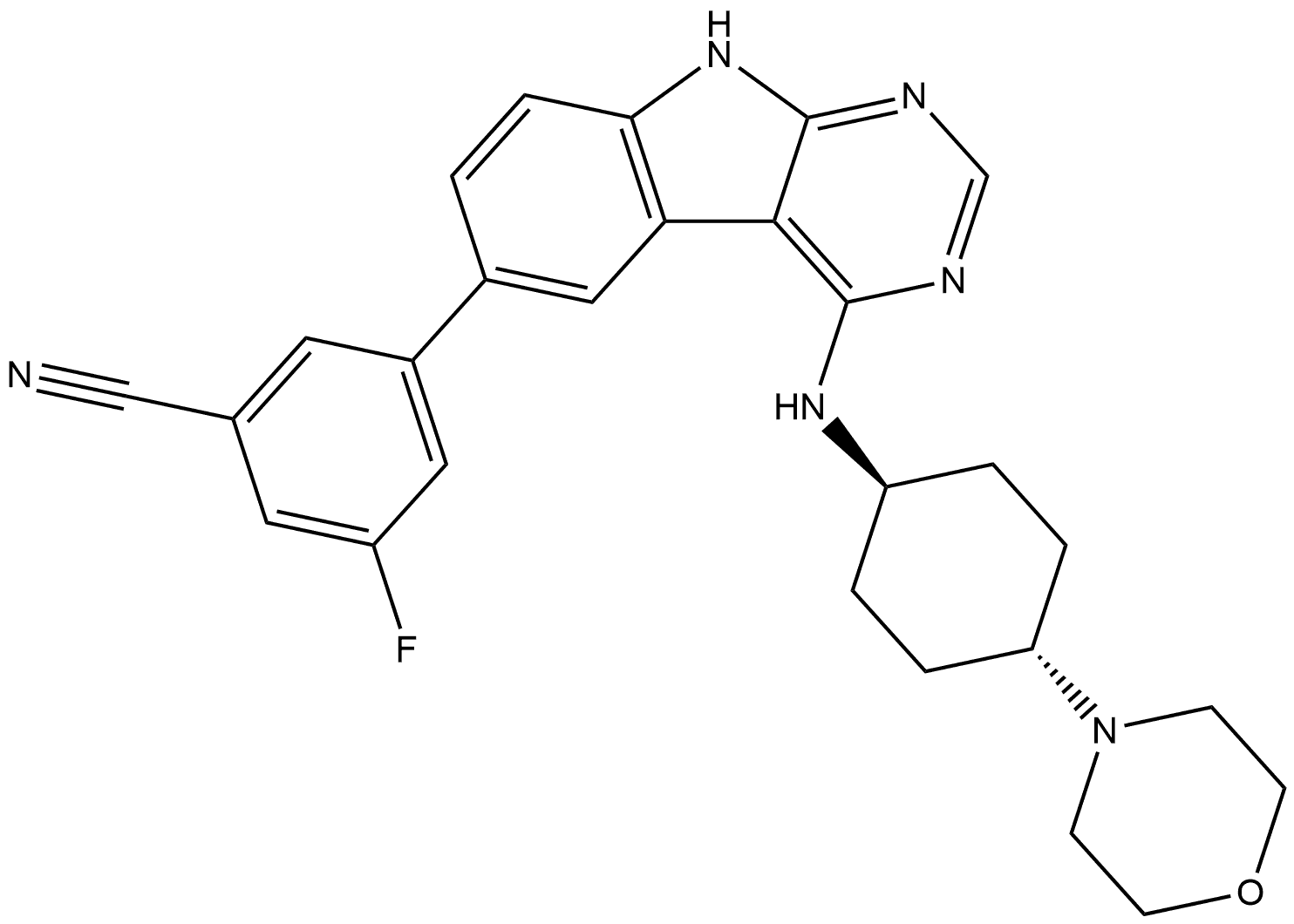 3-fluoro-5-(4-(((1r,4r)-4-morpholinocyclohexyl)amino)-9H-pyrimido[4,5-b]indol-6-yl)benzonitrile Struktur