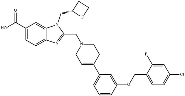 1H-BENZIMIDAZOLE-6-CARBOXYLIC ACID, 2-[[4-[3-[(4-CHLORO-2-FLUOROPHENYL)METHOXY]PHENYL]-3,6-DIHYDRO-1(2H)-PYRIDINYL]METHYL]-1-[(2S)-2-OXETANYLMETHYL]-, 2428640-27-9, 結(jié)構(gòu)式