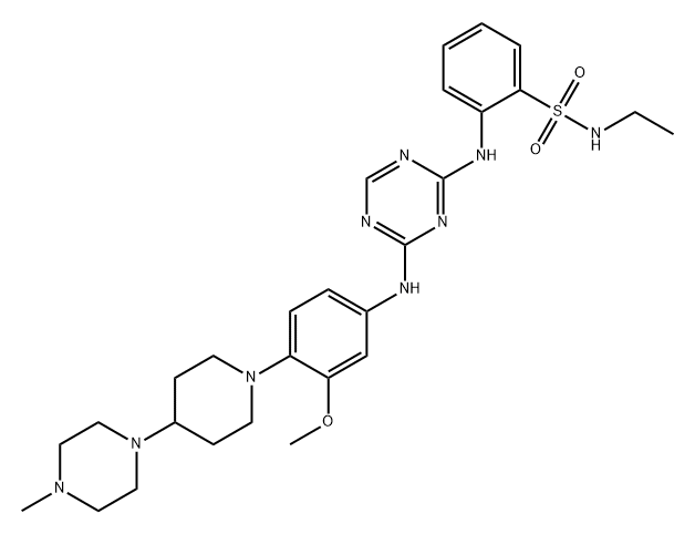 Benzenesulfonamide, N-ethyl-2-[[4-[[3-methoxy-4-[4-(4-methyl-1-piperazinyl)-1-piperidinyl]phenyl]amino]-1,3,5-triazin-2-yl]amino]- Struktur