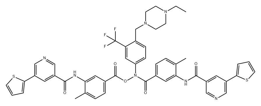 Benzoic acid, 4-methyl-3-[[[5-(2-thienyl)-3-pyridinyl]carbonyl]amino]-, [4-[(4-ethyl-1-piperazinyl)methyl]-3-(trifluoromethyl)phenyl][4-methyl-3-[[[5-(2-thienyl)-3-pyridinyl]carbonyl]amino]benzoyl]azanyl ester Struktur