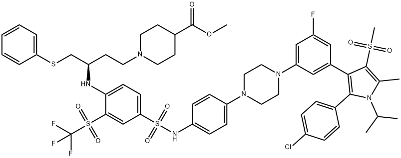 4-Piperidinecarboxylic acid, 1-[(3R)-3-[[4-[[[4-[4-[3-[2-(4-chlorophenyl)-5-methyl-1-(1-methylethyl)-4-(methylsulfonyl)-1H-pyrrol-3-yl]-5-fluorophenyl]-1-piperazinyl]phenyl]amino]sulfonyl]-2-[(trifluoromethyl)sulfonyl]phenyl]amino]-4-(phenylthio)butyl]-, methyl ester Struktur