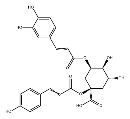 Cyclohexanecarboxylic acid, 3-[[3-(3,4-dihydroxyphenyl)-1-oxo-2-propen-1-yl]oxy]-4,5-dihydroxy-1-[[3-(4-hydroxyphenyl)-1-oxo-2-propen-1-yl]oxy]-, (1R,3R,4S,5R)- Struktur