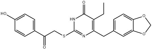 4(3H)-Pyrimidinone, 6-(1,3-benzodioxol-5-ylmethyl)-5-ethyl-2-[[2-(4-hydroxyphenyl)-2-oxoethyl]thio]- Struktur