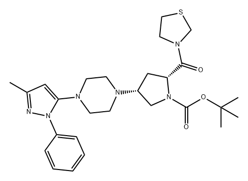 1-Pyrrolidinecarboxylic acid, 4-[4-(3-methyl-1-phenyl-1H-pyrazol-5-yl)-1-piperazinyl]-2-(3-thiazolidinylcarbonyl)-, 1,1-dimethylethyl ester, (2R,4R)- Struktur