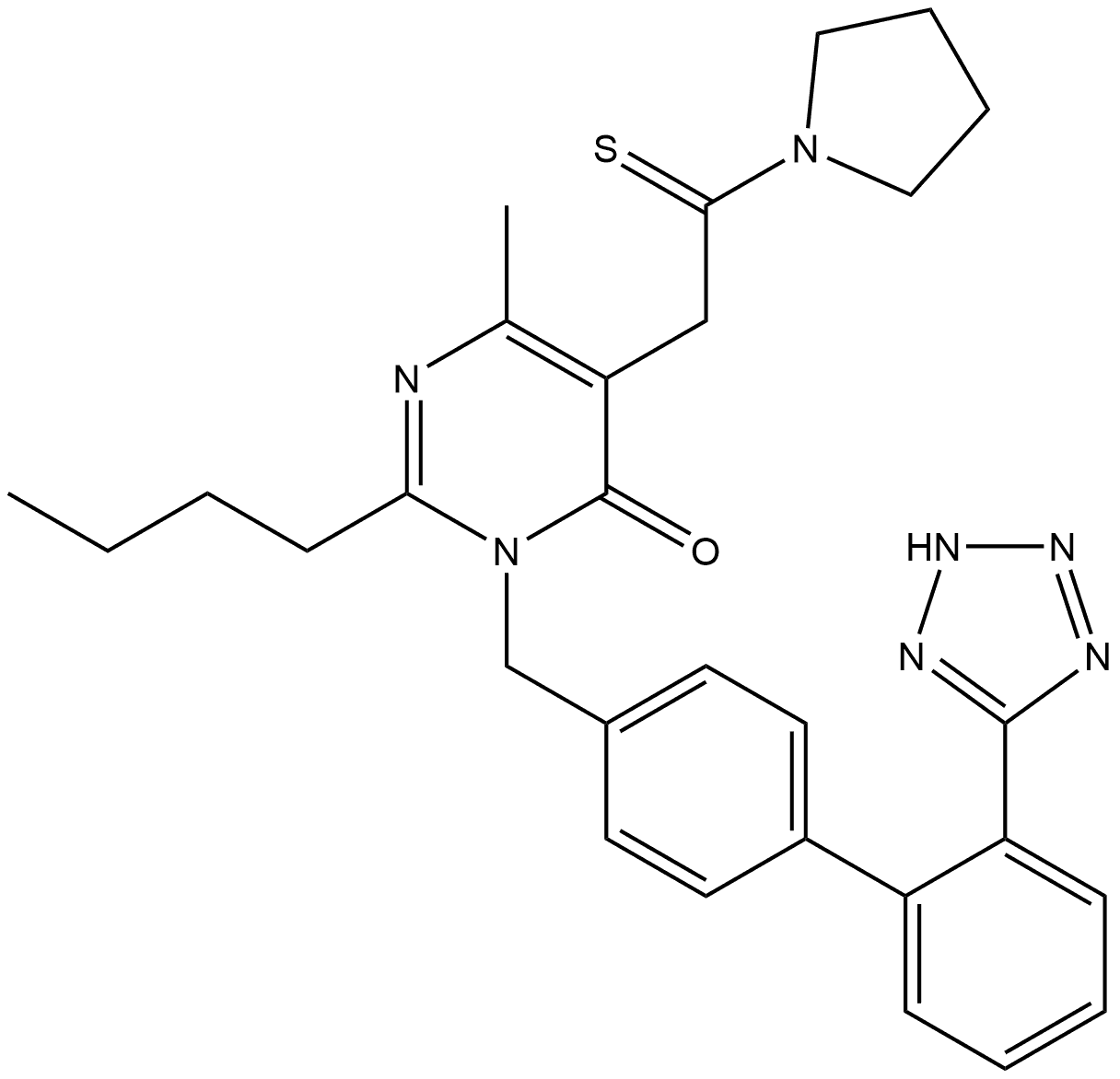 2-Butyl-6-methyl-5-[2-(1-pyrrolidinyl)-2-thioxoethyl]-3-[[2′-(2H-tetrazol-5-yl)[1,1′-biphenyl]-4-yl]methyl]-4(3H)-pyrimidinone Struktur