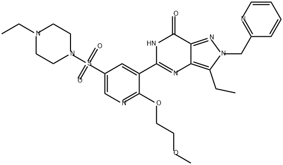 7H-Pyrazolo[4,3-d]pyrimidin-7-one, 3-ethyl-5-[5-[(4-ethyl-1-piperazinyl)sulfonyl]-2-(2-methoxyethoxy)-3-pyridinyl]-2,6-dihydro-2-(2-pyridinylmethyl)- Struktur