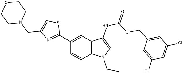 Carbamic acid, N-[1-ethyl-5-[4-(4-morpholinylmethyl)-2-thiazolyl]-1H-indol-3-yl]-, (3,5-dichlorophenyl)methyl ester Struktur