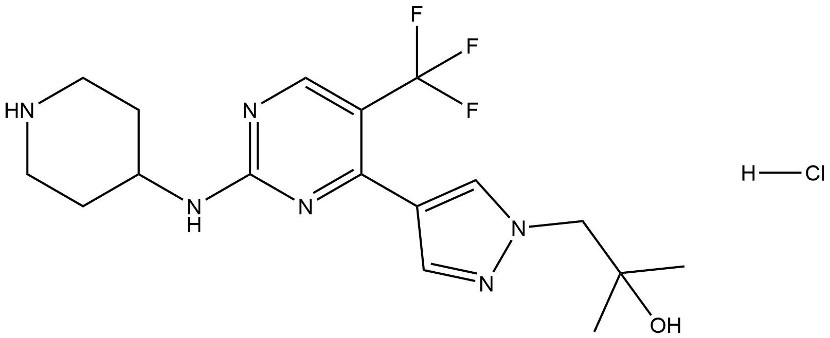 1H-Pyrazole-1-ethanol, α,α-dimethyl-4-[2-(4-piperidinylamino)-5-(trifluoromethyl)-4-pyrimidinyl]-, hydrochloride (1:1) Struktur