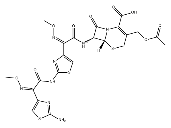 5-Thia-1-azabicyclo[4.2.0]oct-2-ene-2-carboxylic acid, 3-[(acetyloxy)methyl]-7-[[(2Z)-2-[2-[[(2Z)-2-(2-amino-4-thiazolyl)-2-(methoxyimino)acetyl]amino]-4-thiazolyl]-2-(methoxyimino)acetyl]amino]-8-oxo-, (6R,7R)- Struktur