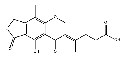 4-Hexenoic acid, 6-(1,3-dihydro-4-hydroxy-6-methoxy-7-methyl-3-oxo-5-isobenzofuranyl)-6-hydroxy-4-methyl-, (4E)- Struktur