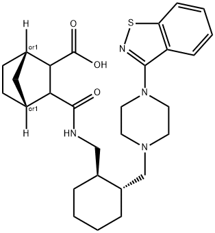 Bicyclo[2.2.1]heptane-2-carboxylic acid, 3-[[[[(1R,2R)-2-[[4-(1,2-benzisothiazol-3-yl)-1-piperazinyl]methyl]cyclohexyl]methyl]amino]carbonyl]-, (1S,4R)-rel- Struktur