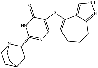 Pyrazolo[4'',3'':3',4']cyclohepta[1',2':4,5]thieno[3,2-d]pyrimidin-10(9H)-one, 8-(2S)-1-azabicyclo[2.2.2]oct-2-yl-2,4,5,6-tetrahydro- Structure