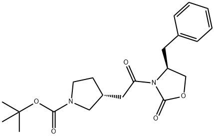 1-Pyrrolidinecarboxylic acid, 3-[2-oxo-2-[(4S)-2-oxo-4-(phenylmethyl)-3-oxazolidinyl]ethyl]-, 1,1-dimethylethyl ester, (3R)- Struktur