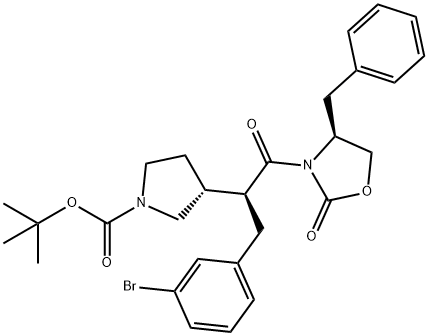 1-Pyrrolidinecarboxylic acid, 3-[(1S)-1-[(3-bromophenyl)methyl]-2-oxo-2-[(4S)-2-oxo-4-(phenylmethyl)-3-oxazolidinyl]ethyl]-, 1,1-dimethylethyl ester, (3R)- Struktur