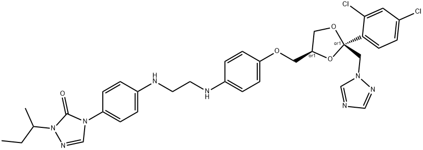 3H-1,2,4-Triazol-3-one, 4-[4-[[2-[[4-[[(2R,4S)-2-(2,4-dichlorophenyl)-2-(1H-1,2,4-triazol-1-ylmethyl)-1,3-dioxolan-4-yl]methoxy]phenyl]amino]ethyl]amino]phenyl]-2,4-dihydro-2-(1-methylpropyl)-, rel- Struktur