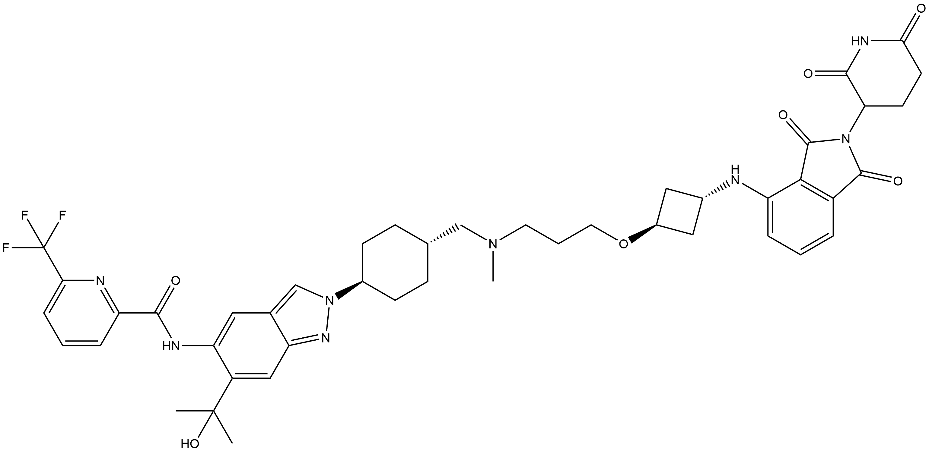 2-Pyridinecarboxamide, N-[2-[trans-4-[[[3-[[trans-3-[[2-(2,6-dioxo-3-piperidinyl)-2,3-dihydro-1,3-dioxo-1H-isoindol-4-yl]amino]cyclobutyl]oxy]propyl]methylamino]methyl]cyclohexyl]-6-(1-hydroxy-1-methylethyl)-2H-indazol-5-yl]-6-(trifluoromethyl)- Struktur