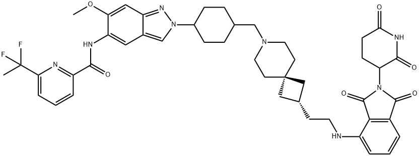 2-Pyridinecarboxamide, 6-(1,1-difluoroethyl)-N-[2-[trans-4-[[2-[2-[[2-(2,6-dioxo-3-piperidinyl)-2,3-dihydro-1,3-dioxo-1H-isoindol-4-yl]amino]ethyl]-7-azaspiro[3.5]non-7-yl]methyl]cyclohexyl]-6-methoxy-2H-indazol-5-yl]- Struktur