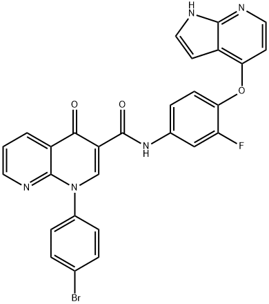 1,8-Naphthyridine-3-carboxamide, 1-(4-bromophenyl)-N-[3-fluoro-4-(1H-pyrrolo[2,3-b]pyridin-4-yloxy)phenyl]-1,4-dihydro-4-oxo- Struktur