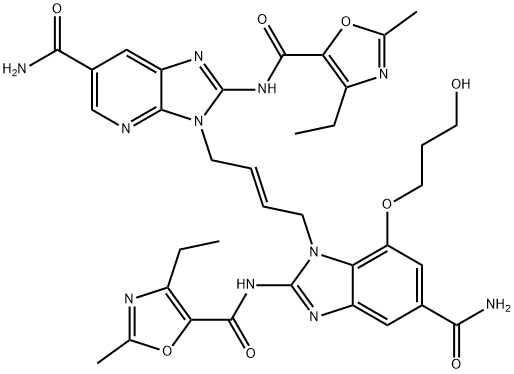 3H-Imidazo[4,5-b]pyridine-6-carboxamide, 3-[(2E)-4-[5-(aminocarbonyl)-2-[[(4-ethyl-2-methyl-5-oxazolyl)carbonyl]amino]-7-(3-hydroxypropoxy)-1H-benzimidazol-1-yl]-2-buten-1-yl]-2-[[(4-ethyl-2-methyl-5-oxazolyl)carbonyl]amino]- Struktur