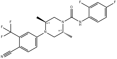 1-Piperazinecarboxamide, 4-[4-cyano-3-(trifluoromethyl)phenyl]-N-(2,4-difluorophenyl)-2,5-dimethyl-, (2R,5S)-rel- Struktur