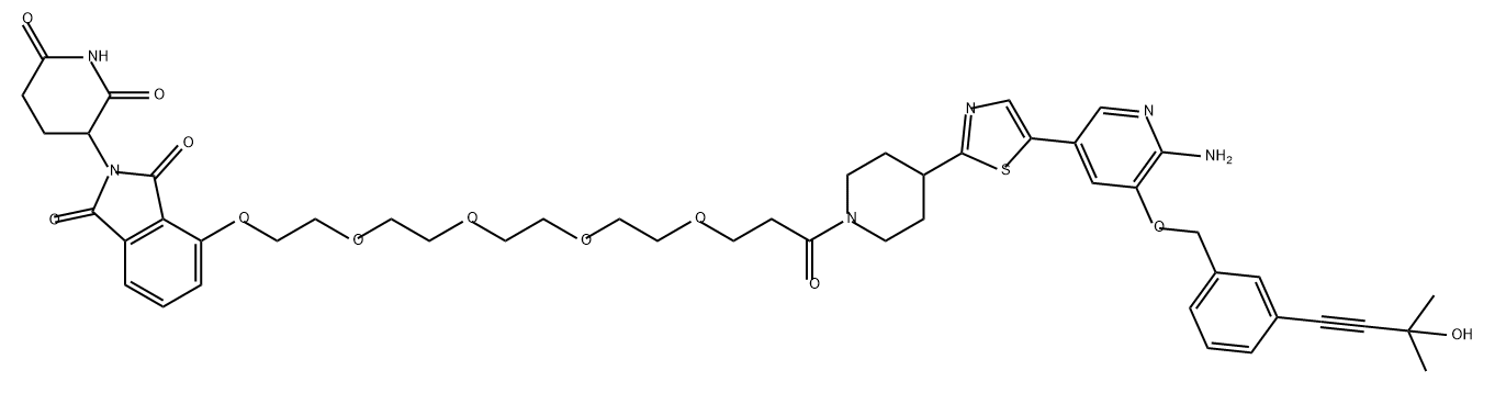 1H-Isoindole-1,3(2H)-dione, 4-[[15-[4-[5-[6-amino-5-[[3-(3-hydroxy-3-methyl-1-butyn-1-yl)phenyl]methoxy]-3-pyridinyl]-2-thiazolyl]-1-piperidinyl]-15-oxo-3,6,9,12-tetraoxapentadec-1-yl]oxy]-2-(2,6-dioxo-3-piperidinyl)- Struktur