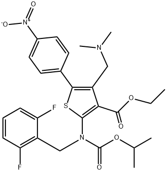 3-Thiophenecarboxylic acid, 2-[[(2,6-difluorophenyl)methyl][(1-methylethoxy)carbonyl]amino]-4-[(dimethylamino)methyl]-5-(4-nitrophenyl)-, ethyl ester Struktur