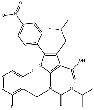 3-Thiophenecarboxylic acid, 2-[[(2,6-difluorophenyl)methyl][(1-methylethoxy)carbonyl]amino]-4-[(dimethylamino)methyl]-5-(4-nitrophenyl)- Struktur