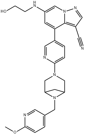 Pyrazolo[1,5-a]pyridine-3-carbonitrile, 6-[(2-hydroxyethyl)amino]-4-[6-[6-[(6-methoxy-3-pyridinyl)methyl]-3,6-diazabicyclo[3.1.1]hept-3-yl]-3-pyridinyl]- Struktur