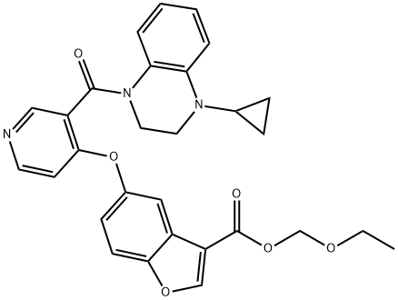 3-Benzofurancarboxylic acid, 5-[[3-[(4-cyclopropyl-3,4-dihydro-1(2H)-quinoxalinyl)carbonyl]-4-pyridinyl]oxy]-, ethoxymethyl ester Struktur