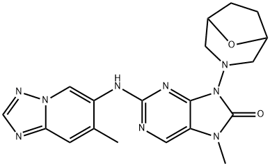 8H-Purin-8-one, 7,9-dihydro-7-methyl-2-[(7-methyl[1,2,4]triazolo[1,5-a]pyridin-6-yl)amino]-9-(8-oxa-3-azabicyclo[3.2.1]oct-3-yl)- Struktur