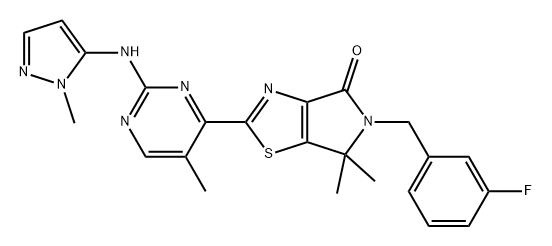 4H-Pyrrolo[3,4-d]thiazol-4-one, 5-[(3-fluorophenyl)methyl]-5,6-dihydro-6,6-dimethyl-2-[5-methyl-2-[(1-methyl-1H-pyrazol-5-yl)amino]-4-pyrimidinyl]- Structure