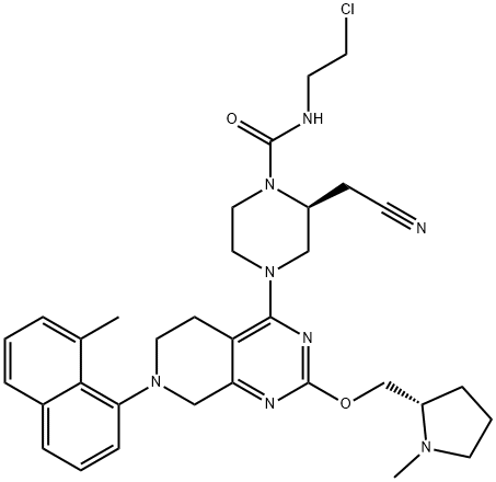 1-Piperazinecarboxamide, N-(2-chloroethyl)-2-(cyanomethyl)-4-[5,6,7,8-tetrahydro-7-(8-methyl-1-naphthalenyl)-2-[[(2S)-1-methyl-2-pyrrolidinyl]methoxy]pyrido[3,4-d]pyrimidin-4-yl]-, (2S)- Struktur