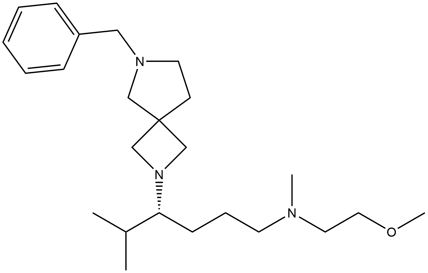 2,6-Diazaspiro[3.4]octane-2-butanamine, N-(2-methoxyethyl)-N-methyl-δ-(1-methylethyl)-6-(phenylmethyl)-, (δR)- Struktur