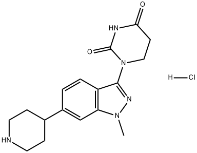 2,4(1H,3H)-Pyrimidinedione, dihydro-1-[1-methyl-6-(4-piperidinyl)-1H-indazol-3-yl]-, hydrochloride (1:1) Struktur