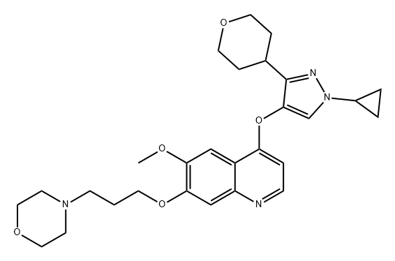 Quinoline, 4-[[1-cyclopropyl-3-(tetrahydro-2H-pyran-4-yl)-1H-pyrazol-4-yl]oxy]-6-methoxy-7-[3-(4-morpholinyl)propoxy]- Structure