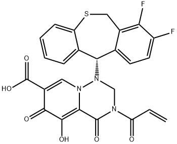 1H-Pyrido[2,1-f][1,2,4]triazine-7-carboxylic acid, 1-[(11S)-7,8-difluoro-6,11-dihydrodibenzo[b,e]thiepin-11-yl]-2,3,4,6-tetrahydro-5-hydroxy-4,6-dioxo-3-(1-oxo-2-propen-1-yl)- Struktur