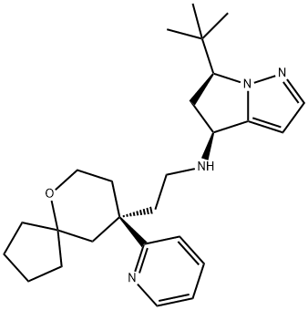 4H-Pyrrolo[1,2-b]pyrazol-4-amine, 6-(1,1-dimethylethyl)-5,6-dihydro-N-[2-[(9R)-9-(2-pyridinyl)-6-oxaspiro[4.5]dec-9-yl]ethyl]-, (4S,6S)- Struktur