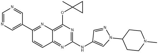 Pyrido[3,2-d]pyrimidin-2-amine, 4-[(1-methylcyclopropyl)oxy]-N-[1-(1-methyl-4-piperidinyl)-1H-pyrazol-4-yl]-6-(5-pyrimidinyl)- Struktur