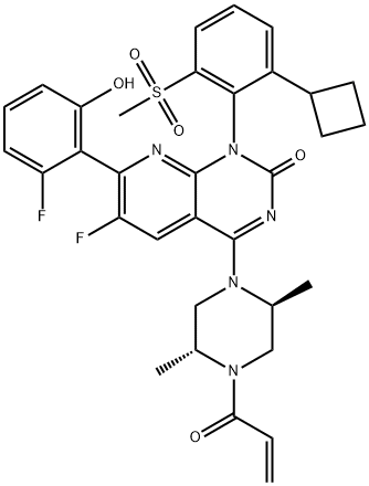 Pyrido[2,3-d]pyrimidin-2(1H)-one, 1-[2-cyclobutyl-6-(methylsulfonyl)phenyl]-4-[(2S,5R)-2,5-dimethyl-4-(1-oxo-2-propen-1-yl)-1-piperazinyl]-6-fluoro-7-(2-fluoro-6-hydroxyphenyl)- Struktur