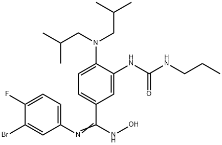 Benzenecarboximidamide, 4-[bis(2-methylpropyl)amino]-N'-(3-bromo-4-fluorophenyl)-N-hydroxy-3-[[(propylamino)carbonyl]amino]- Struktur