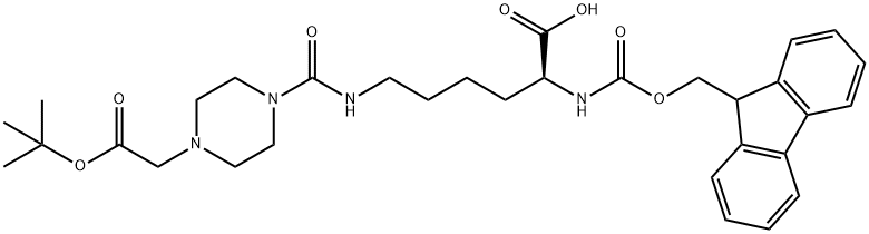 1-Piperazineacetic acid, 4-[[[(5S)-5-carboxy-5-[[(9H-fluoren-9-ylmethoxy)carbonyl]amino]pentyl]amino]carbonyl]-, 1-(1,1-dimethylethyl) ester Struktur